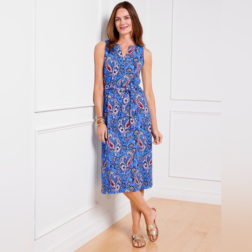 TALBOTS LP L Petite Effortless Jersey Tie Waist Midi Dress in Seaside Paisley - Picture 9 of 10